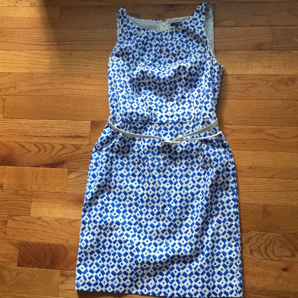 Belted dress with cute blue and white pattern
